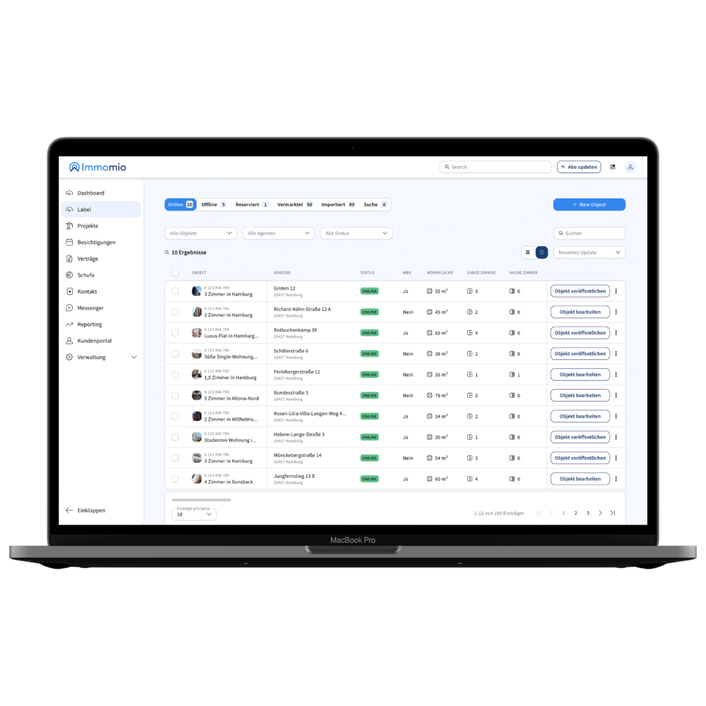 Vermietungs- & Verkaufsportal | Objektliste Tabellenansicht